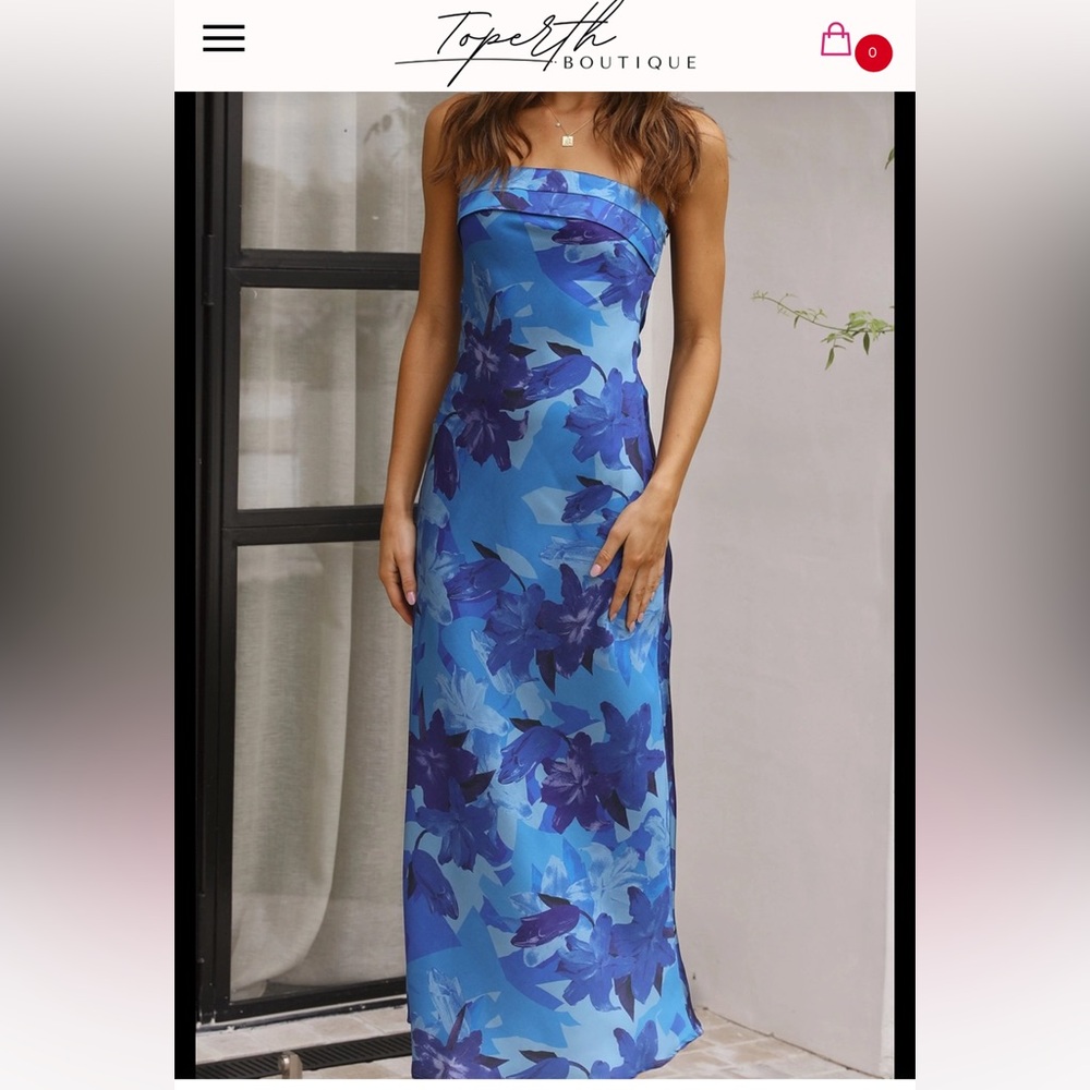 Elegant Strapless Blue Floral Maxi Dress